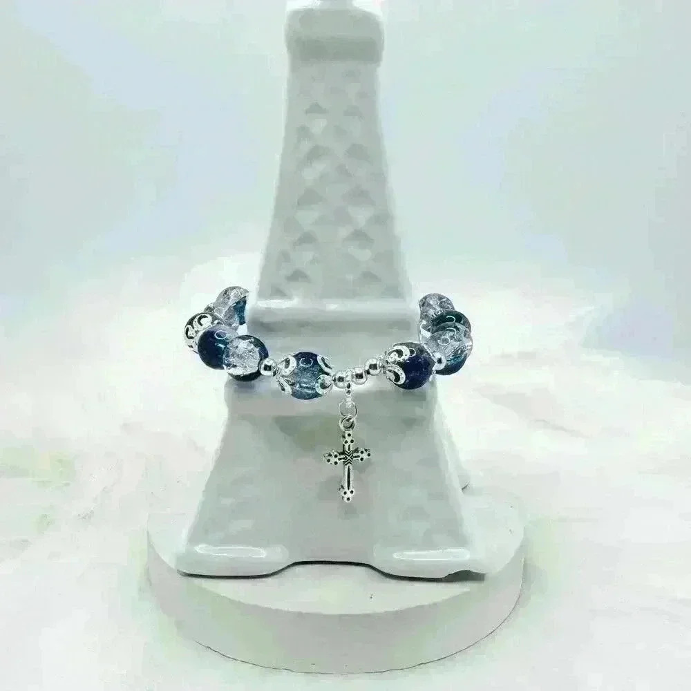 Sea Blue Gradient Beaded Cross Charm Bracelet